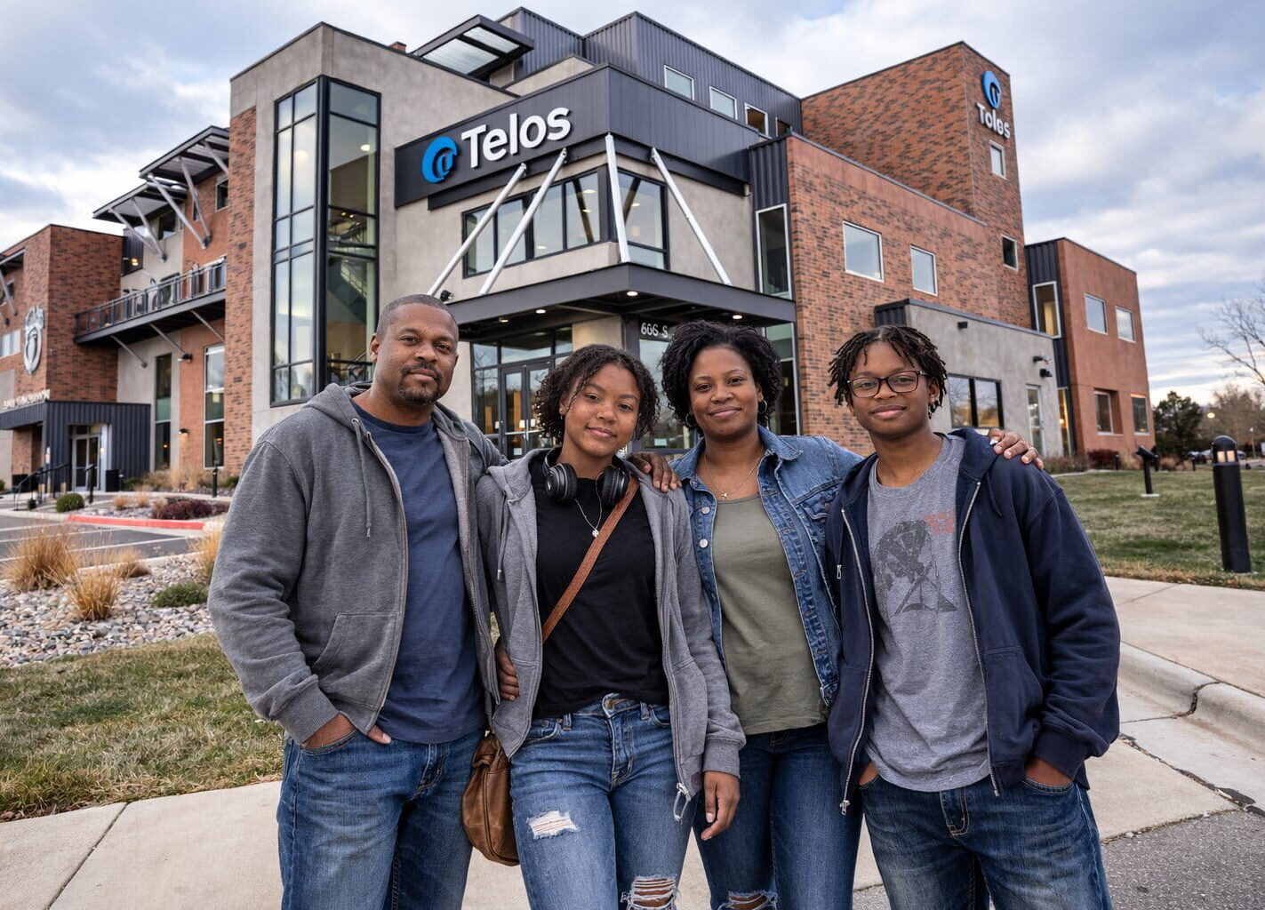 Black family in front of the Telos building